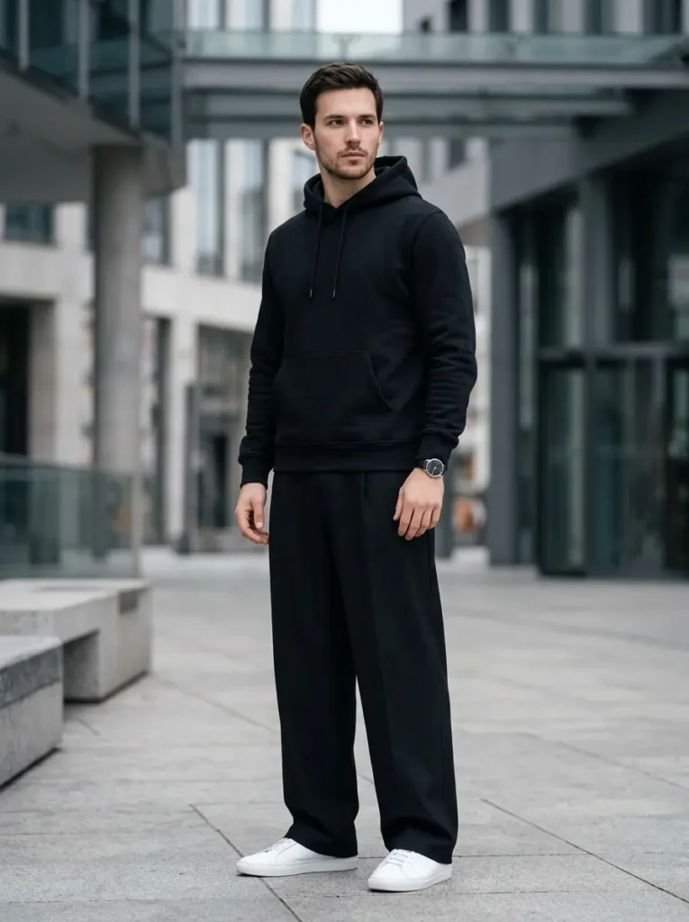 5 — Black Hoodie with Wide Leg Trousers