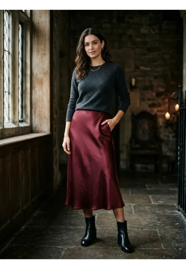 Dark Romantic Outfit: 15 Stylish Looks to Try 6 5. Burgundy Satin Skirt with a Sweater