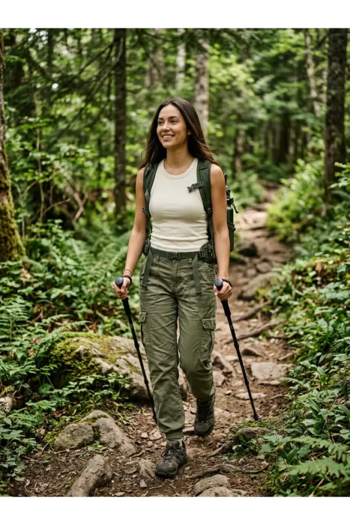 Hiking Outfit Women: 12 Stylish and Practical Hiking Outfit Ideas 6 5. Cargo Hiking Pants and a Tank