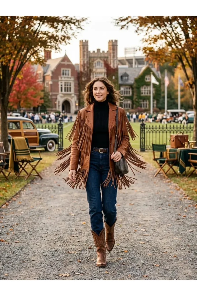 Western Football Game Outfits: 15 Stylish Looks for Game Day 6 5. Fringe Jacket with Straight Leg Jeans