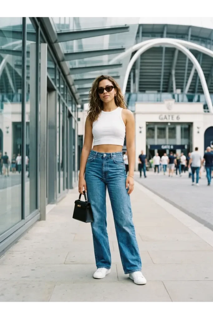 5. White Crop Top with Wide Leg Jeans
