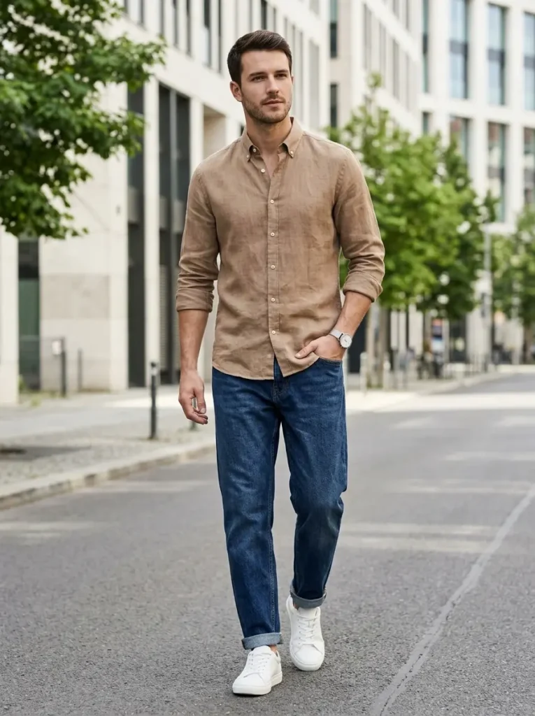 6 — Light Brown Shirt with White Sneakers