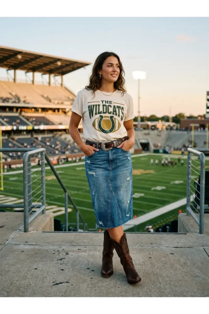 Western Football Game Outfits: 15 Stylish Looks for Game Day 7 6. Denim Skirt with Western Boots