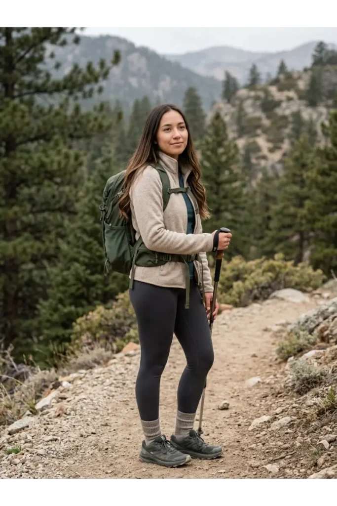 Hiking Outfit Women: 12 Stylish and Practical Hiking Outfit Ideas 7 6. Hiking Leggings With a Fleece Jacket