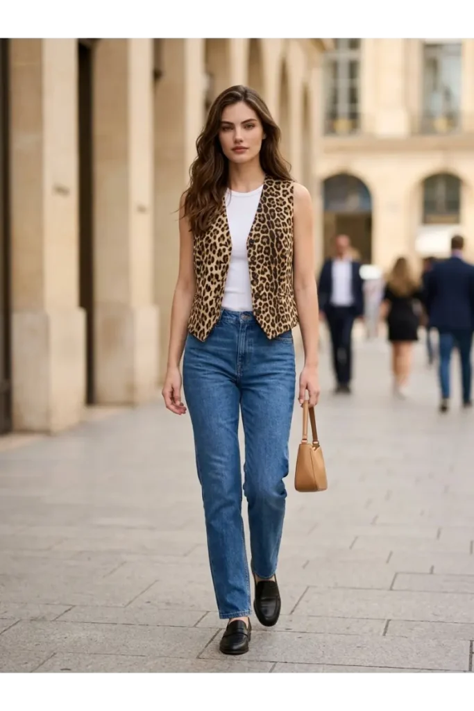 6. Leopard Print Vest with Straight Leg Jeans