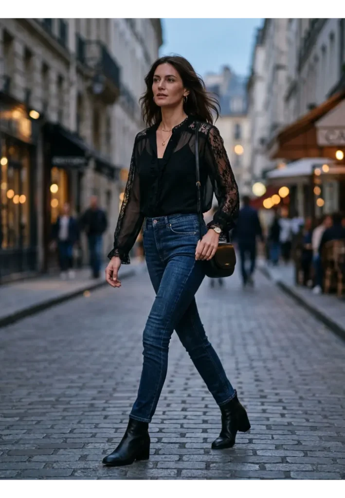 Dark Romantic Outfit: 15 Stylish Looks to Try 7 6. Sheer Black Blouse with Jeans
