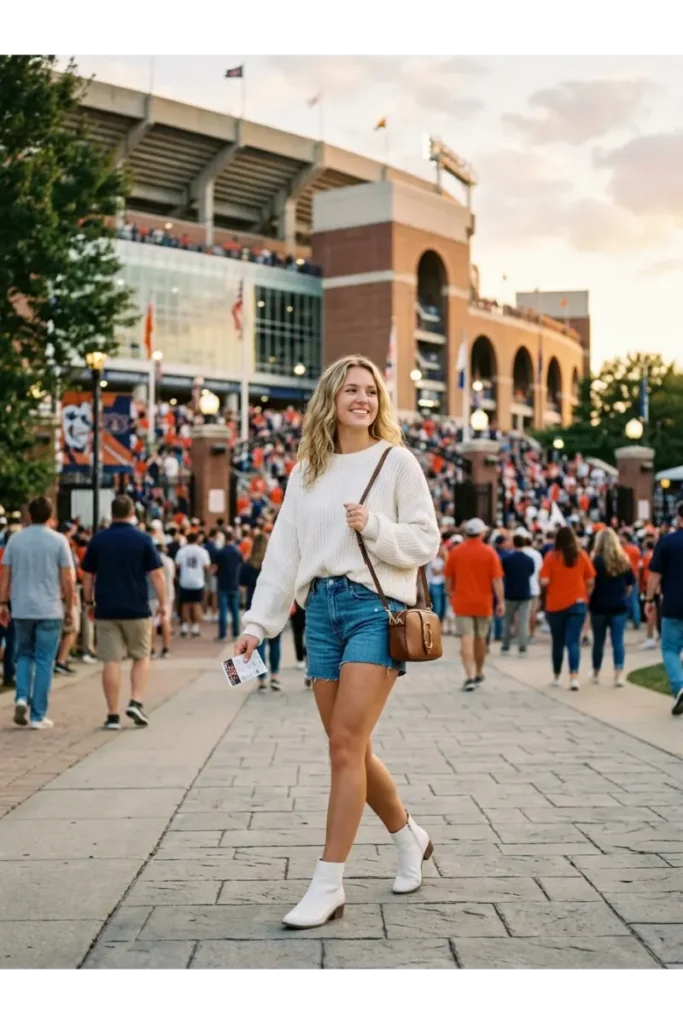 6. White Sweater with Denim Shorts