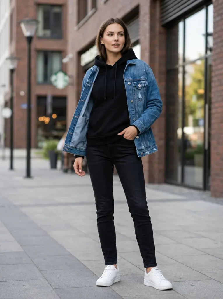7 — Black Hoodie with a Denim Jacket