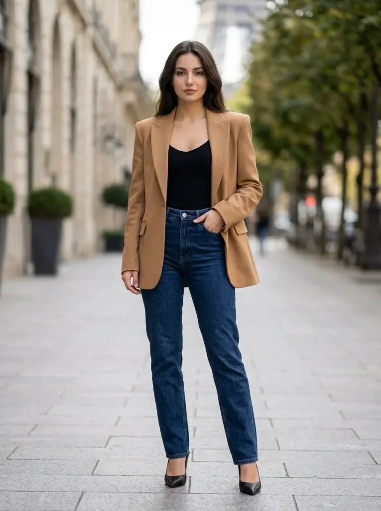 7 — Shoulder Pad Blazer with Jeans