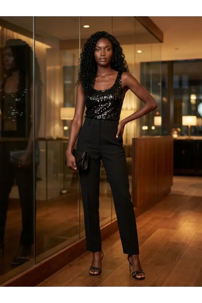 7. Black Sequin Top with Black Pants