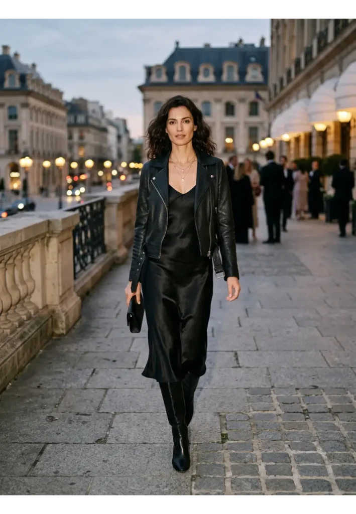 Dark Romantic Outfit: 15 Stylish Looks to Try 8 7. Black Slip Dress with a Leather Jacket