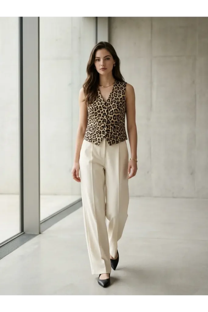 7. Leopard Print Vest with Wide Leg Trousers