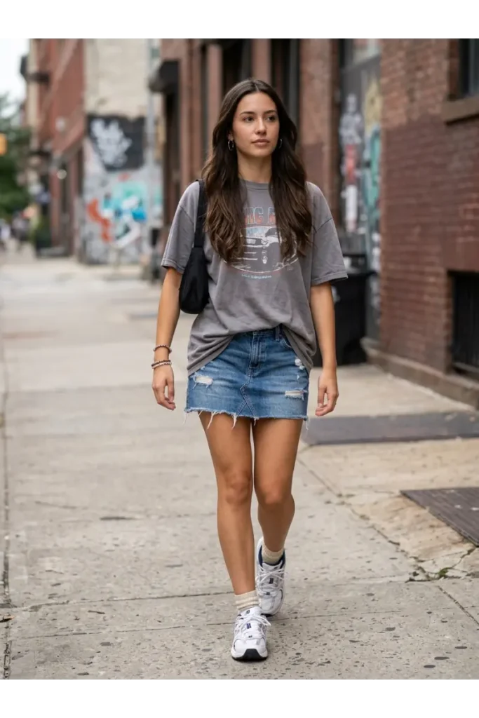 Y2K Outfits: 12 Trendy Outfit Ideas to Bring Back the 2000s 8 7. Mini Skirt and Oversized Graphic Tee