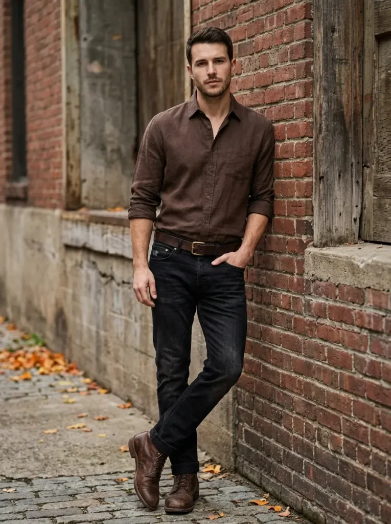 8 — Brown Shirt with Black Jeans and Boots