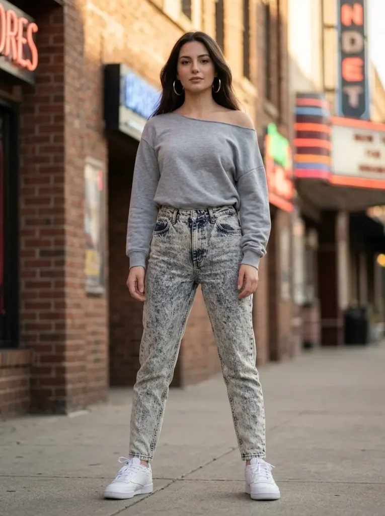 8 — Off Shoulder Sweatshirt with Acid Wash Jeans
