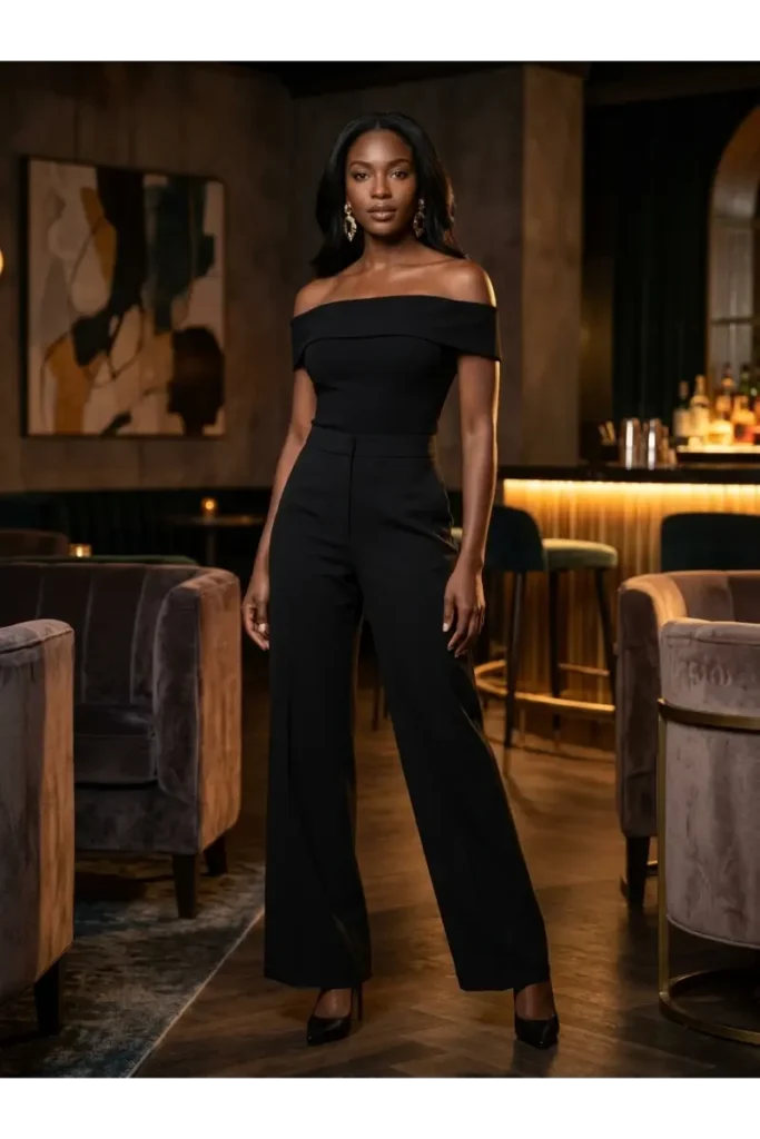 8. Black Off Shoulder Top with Wide Leg Pants