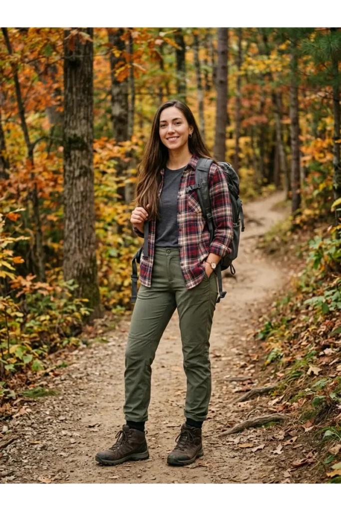 Hiking Outfit Women: 12 Stylish and Practical Hiking Outfit Ideas 9 8. Flannel Shirt and Hiking Pants