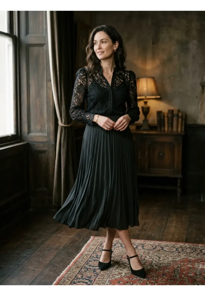 Dark Romantic Outfit: 15 Stylish Looks to Try 9 8. Lace Blouse with a Midi Skirt