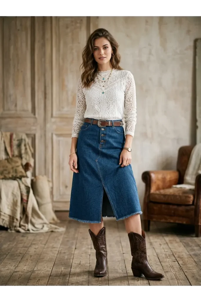 Dolly Parton Inspired Outfit: 15 Glamorous Looks to Try 9 8. Lace Top with Denim Skirt