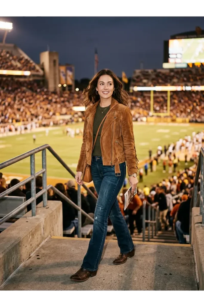 Western Football Game Outfits: 15 Stylish Looks for Game Day 9 8. Suede Jacket with Bootcut Jeans