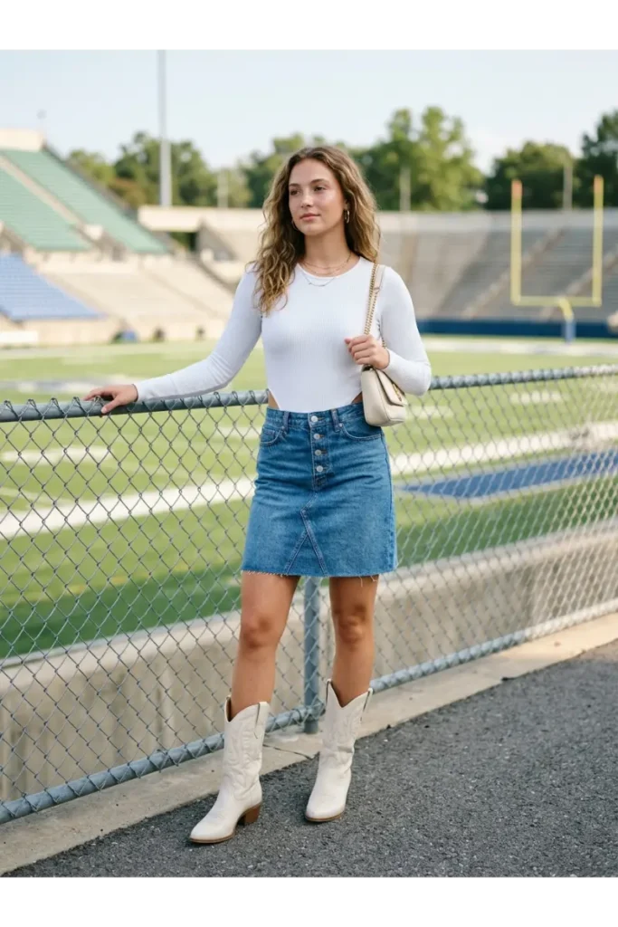 8. White Bodysuit with a Denim Skirt