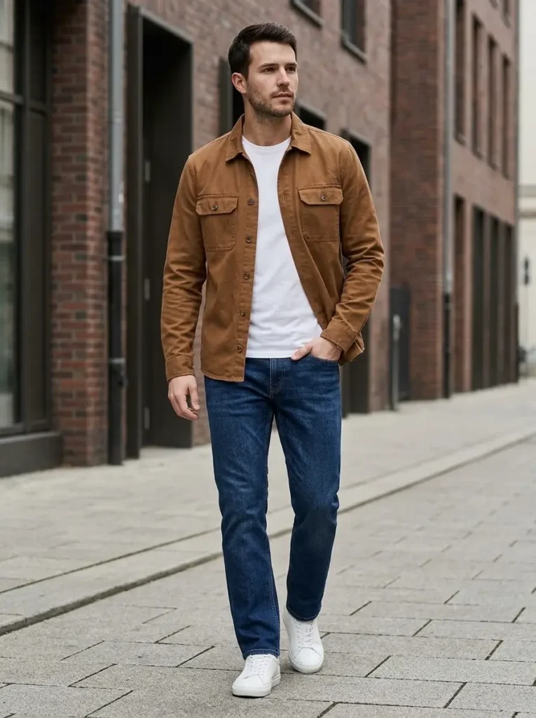9 — Brown Overshirt with a White T Shirt