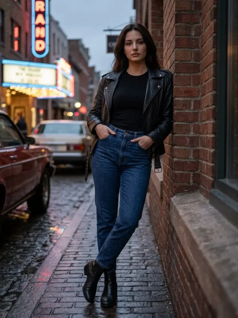 9 — Leather Jacket with High Waisted Jeans