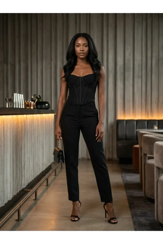 9. Black Corset Top with Tailored Pants