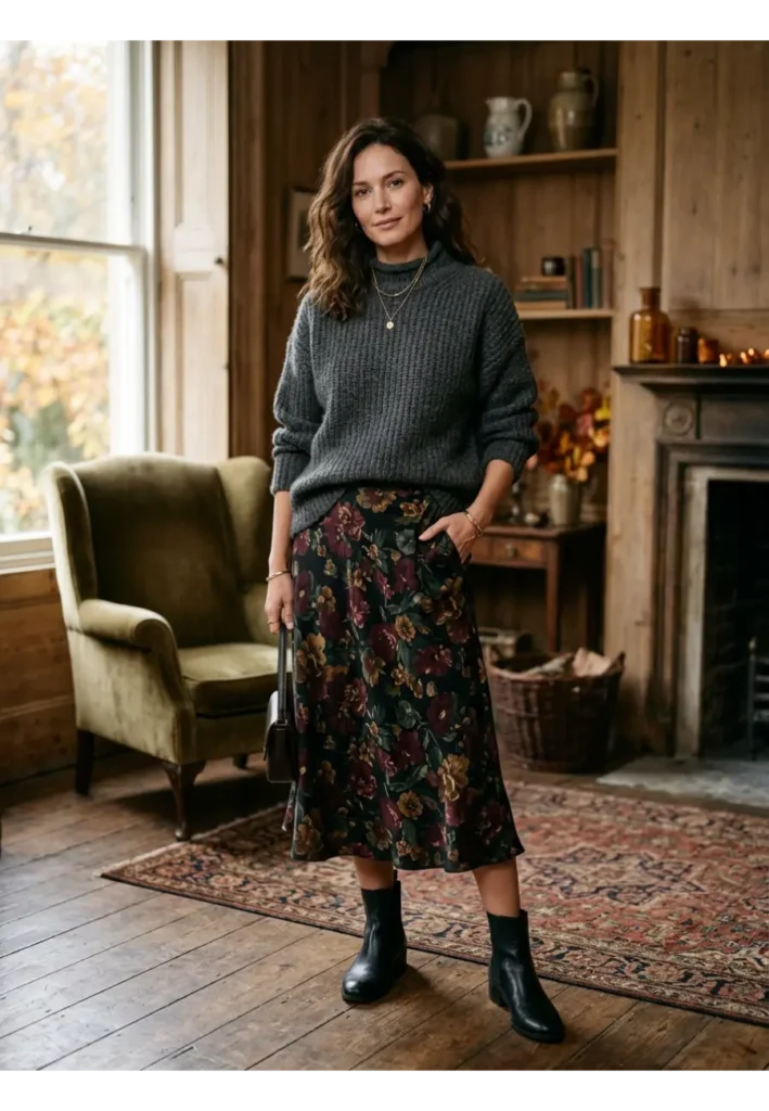 Dark Romantic Outfit: 15 Stylish Looks to Try 10 9. Dark Floral Skirt with a Knit Sweater