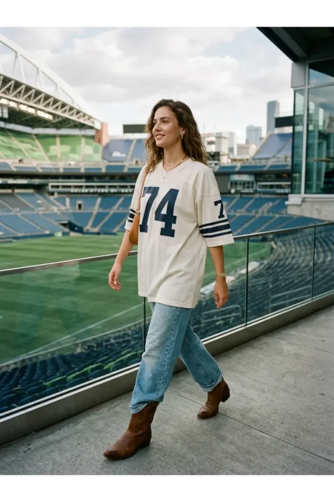 Western Football Game Outfits: 15 Stylish Looks for Game Day 10 9. Football Jersey with Cowboy Boots