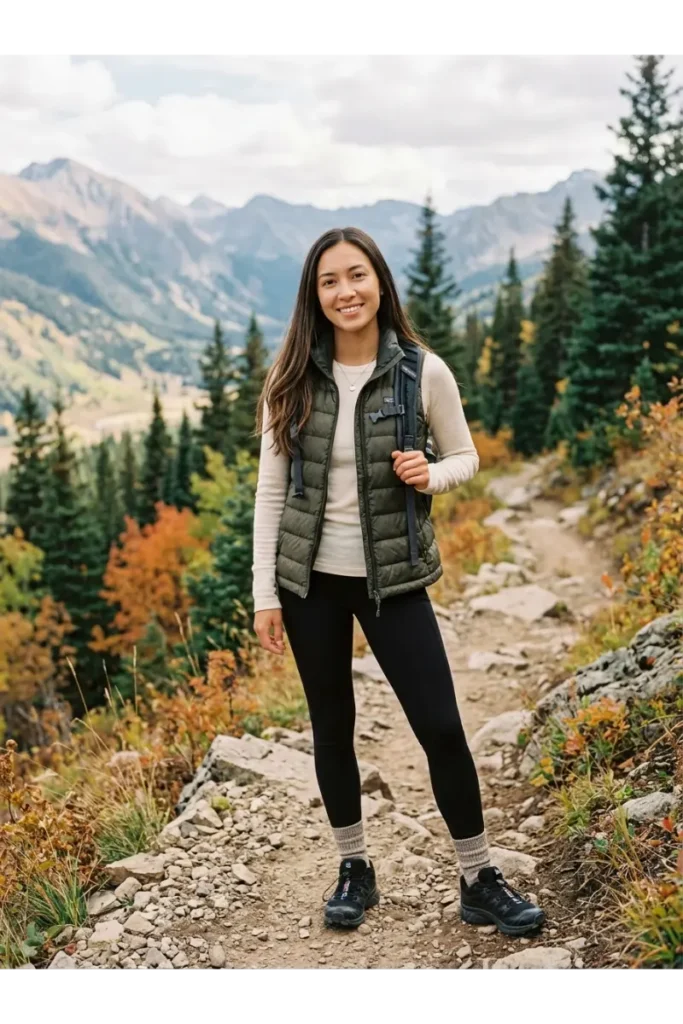 Hiking Outfit Women: 12 Stylish and Practical Hiking Outfit Ideas 10 9. Puffer Vest With Leggings